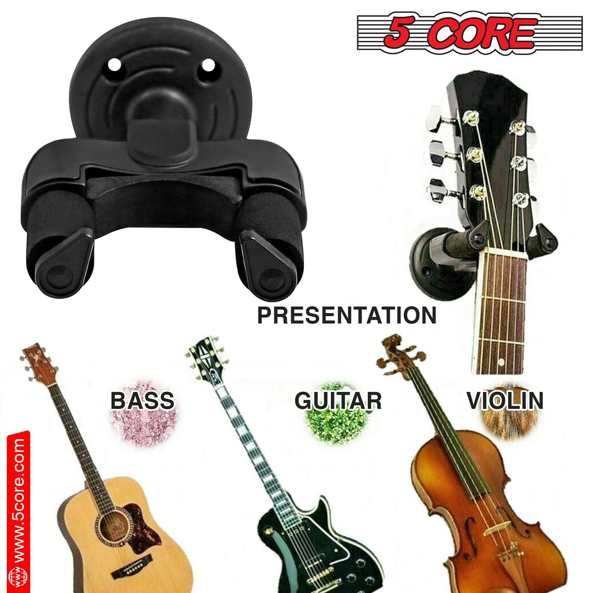 5 Core Display Wall Hook Holder - Soft Padded Adjustable Guitar Hangers