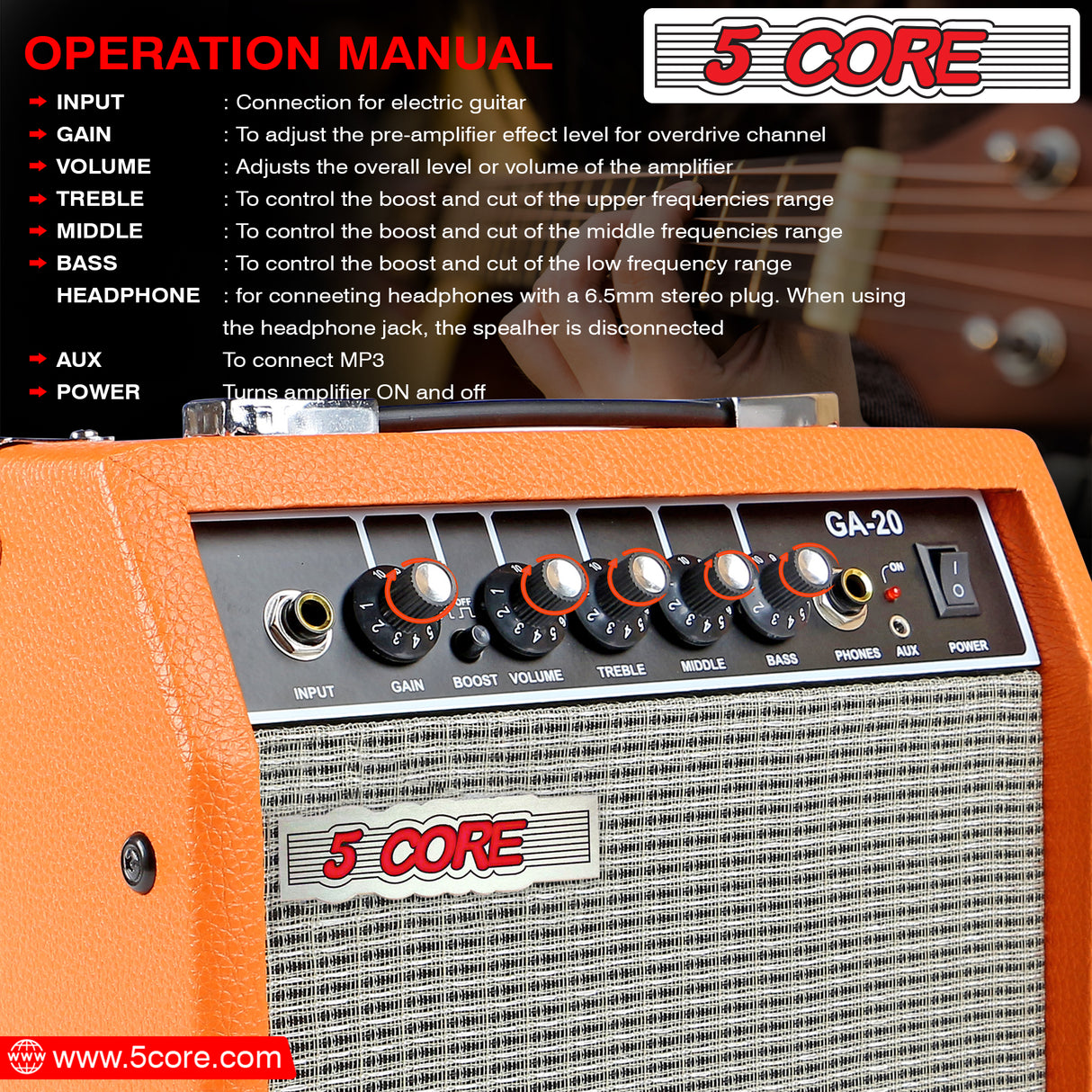 5 Core 20W Guitar Amplifier Orange - Clean and Distortion Channel - Electric Amp with Equalization and AUX Line Input - for Recording Studio, Practice Room, Small Courtyard- GA 20 ORG