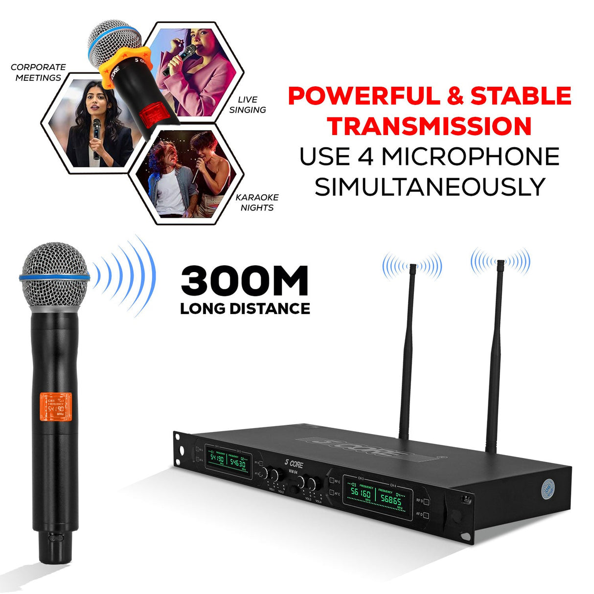 5 Core Wireless Microphone System 4 Channel UHF 492F Range Portable Receiver w Cordless Mic