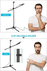 5 Core 2 Pieces Adjustable Microphone Stand Boom Arm Mic Mount Quarter-turn Clutch Foldable Dual Tripod Holder With 2 Mic Clips Each Audio Vocal Singing Speech Stage Outdoor Activities MS DBL 6PCS