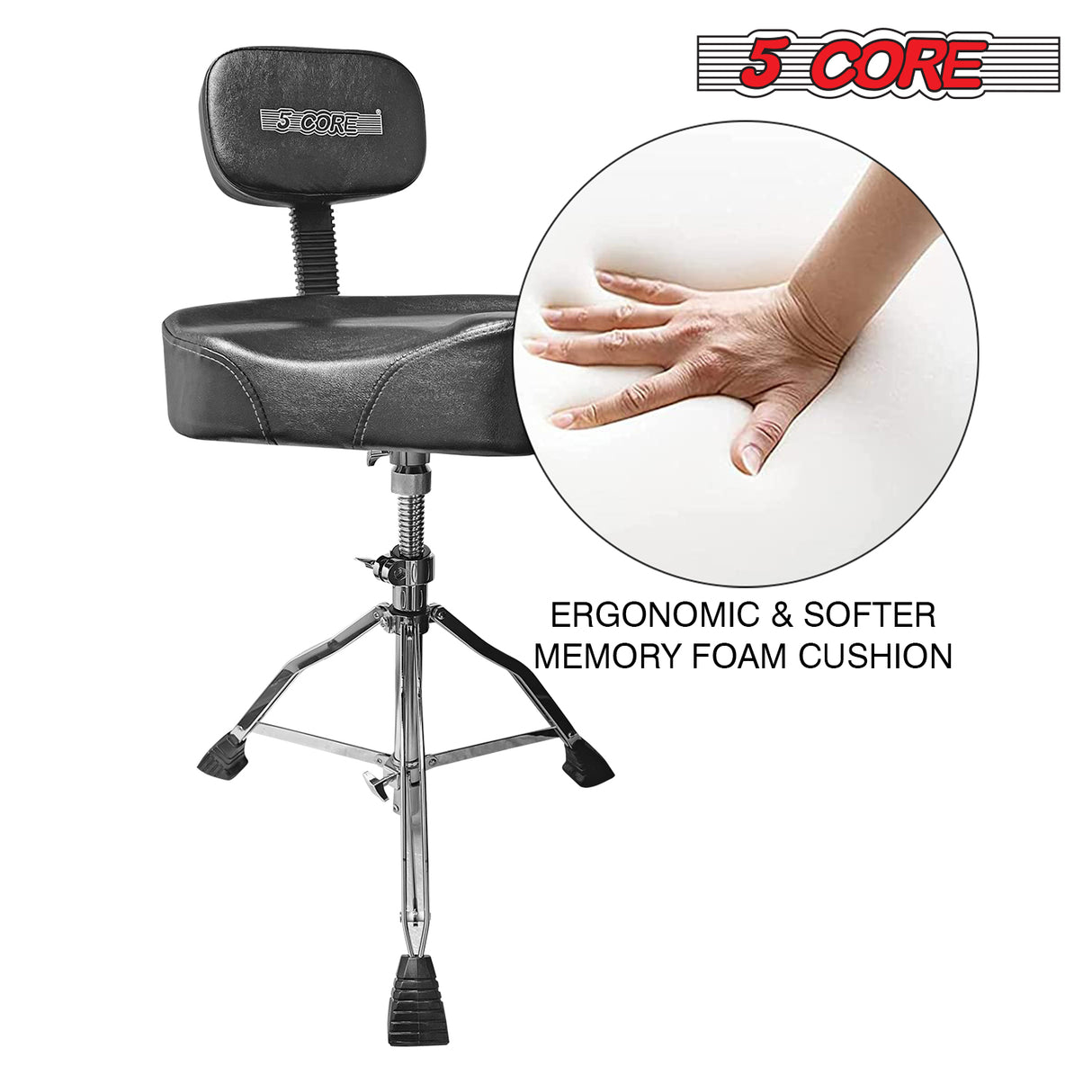 5 Core Drum Throne with Back Support Black| Premium Height Adjustable Padded Drum Stool| Portable Drummer Throne with Anti-Slip Feet & Back rest| with two Drumsticks- DS CH BLK REST