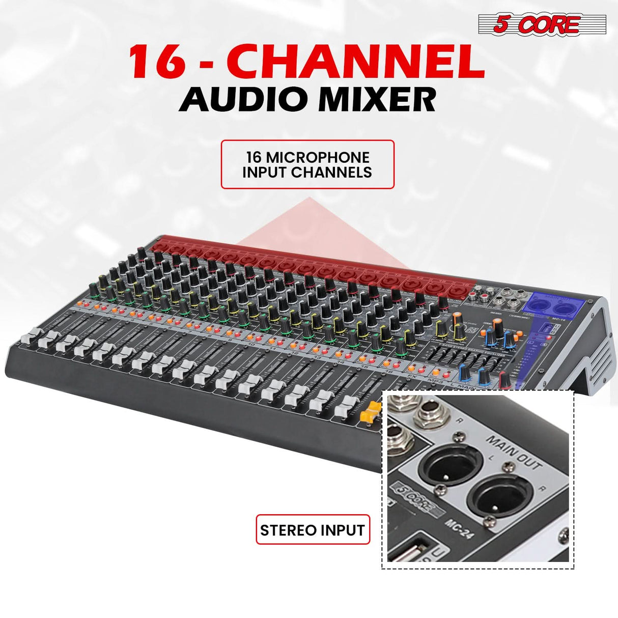 5Core Audio Mixer 16 Channel DJ Mixing Board Bluetooth USB Analog Professional Mezclador De Audio