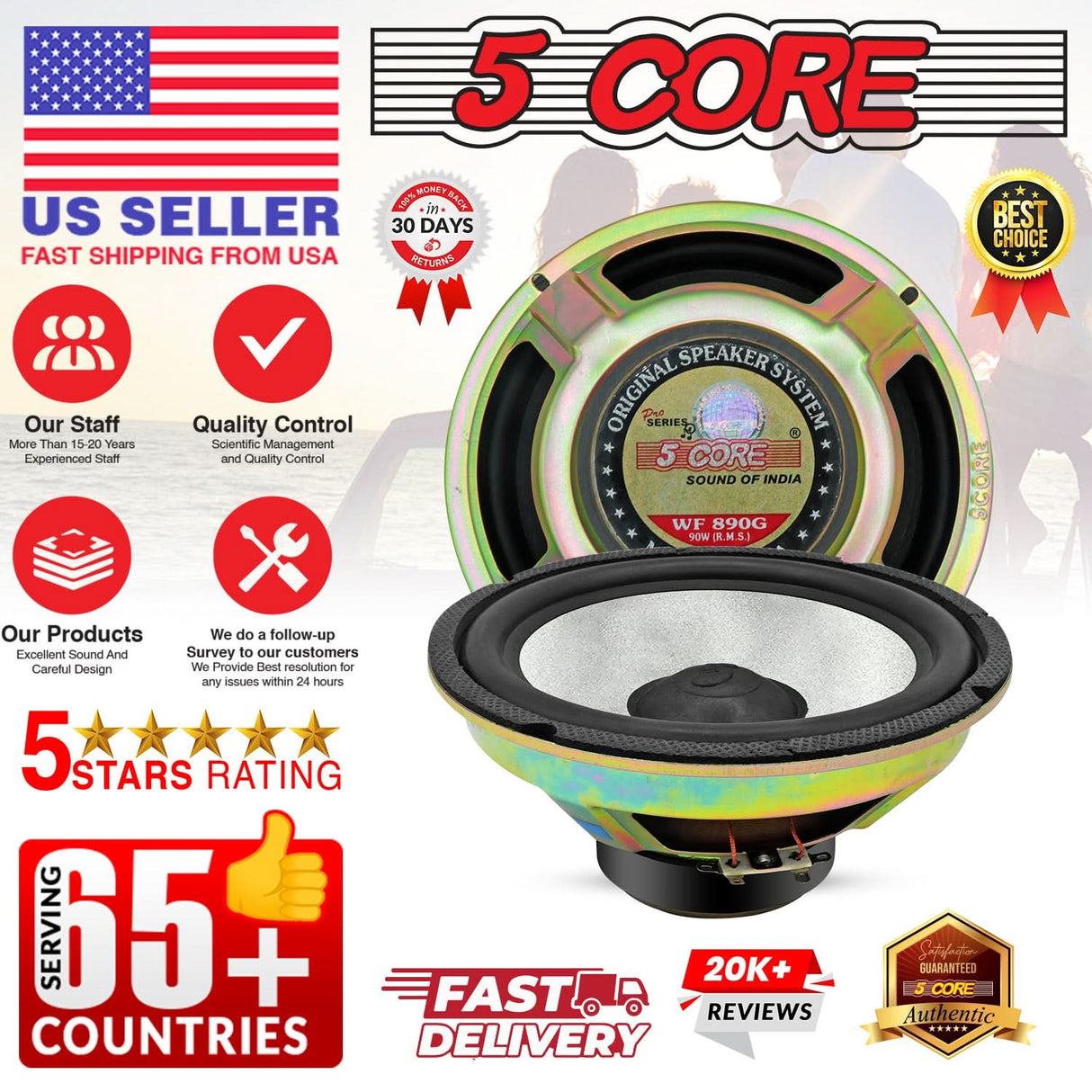 5Core 8 Inch Subwoofer Speaker 900 W Amplified Car Bass Sub Woofer 4 Ohm Audio System 2 PCS