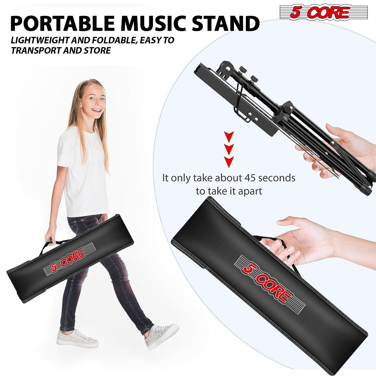 5Core Music Stand For Sheet Music Portable Tripod Adjustable Folding With Lights Note Holder BLACK