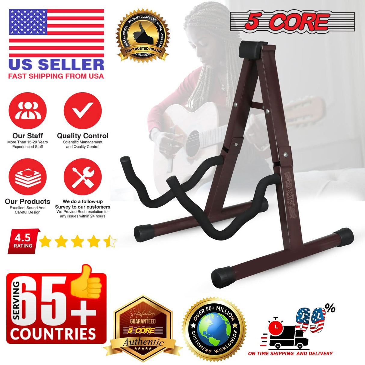 5Core Guitar Stand Floor A Frame Electric Acoustic Bass Soporte Para Guitarra BROWN