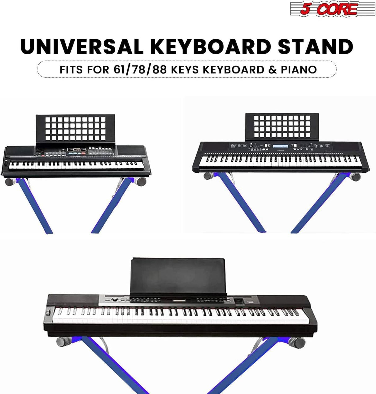 5Core Keyboard Stand Single X Style Adjustable Piano Riser + Keyboard Piano Bench