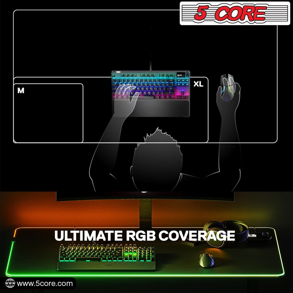 5Core Gaming Mouse Pad RGB 12 Light Modes 2 Zone Desk Mouse Mat w Rubber Base