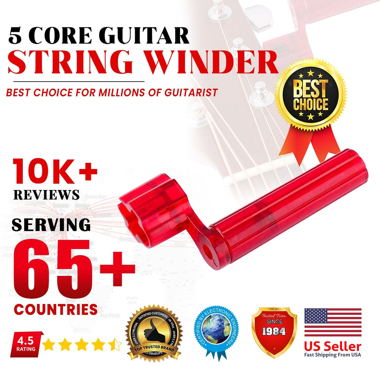 5Core Guitar String Winder Professional Guitars Tools Peg Winder with Bridge Pin Remover RED