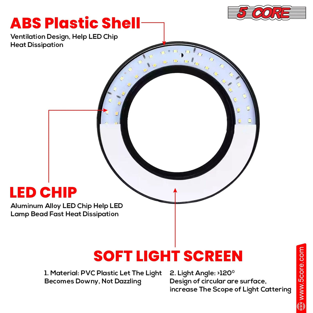 5Core 6 inch Ring Light + Cell Phone Stand Adjustable Ringlight LED w Phone Holder