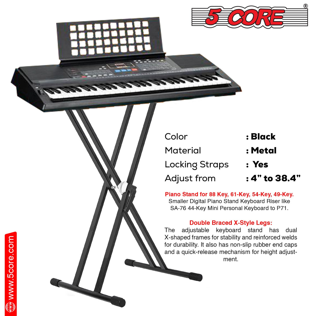 5Core Keyboard Stand Double X Style Adjustable Piano Riser For 49 To 88 Keys + Gear