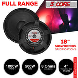 5Core 18 Inch Subwoofer Speaker 1000W Max 8Ohm Full Range Replacement DJ Sub Woofer