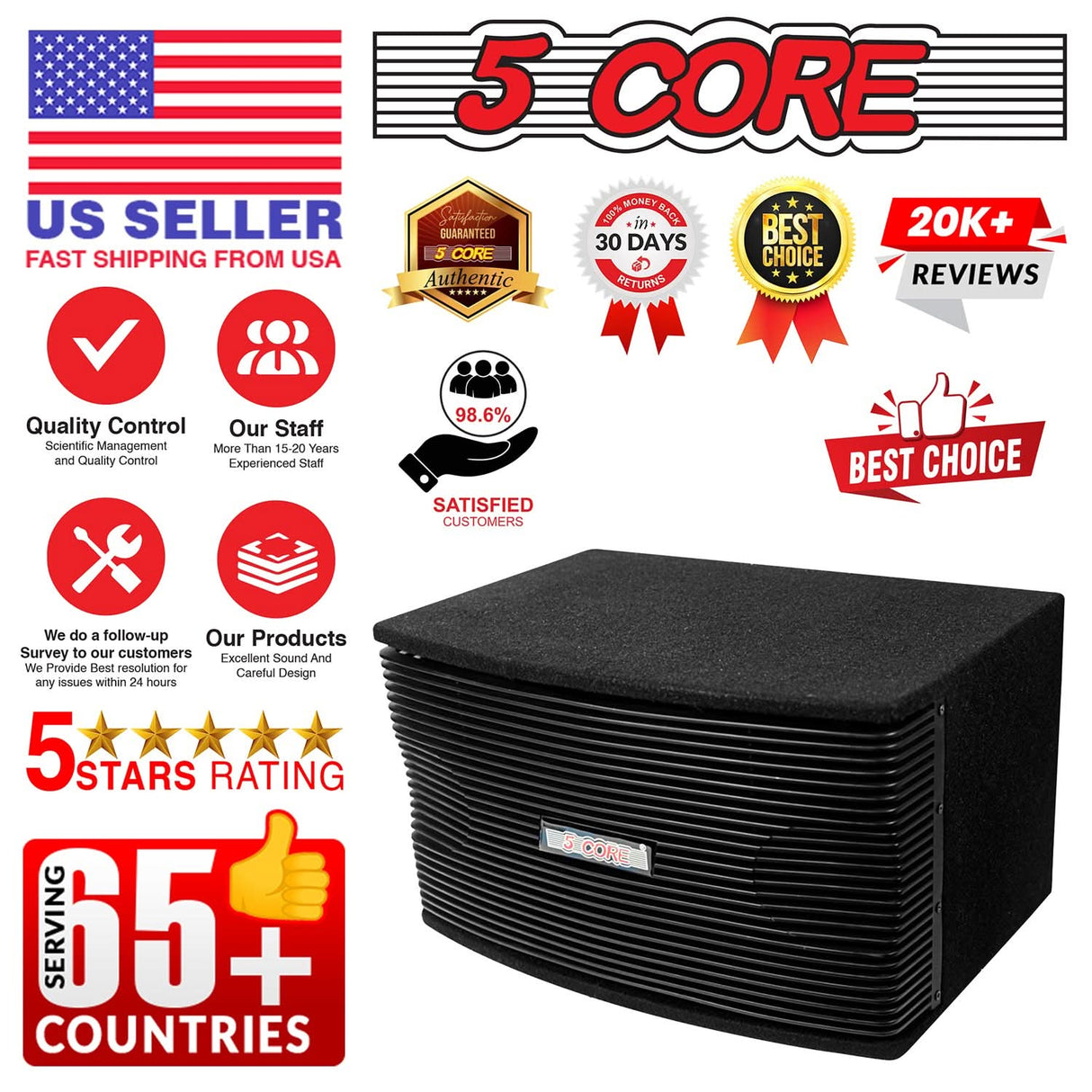 5Core 8 Inch Car Subwoofer Box Black 800W Peak 8 Ohm Vented Trunk Speaker Sub Woofer