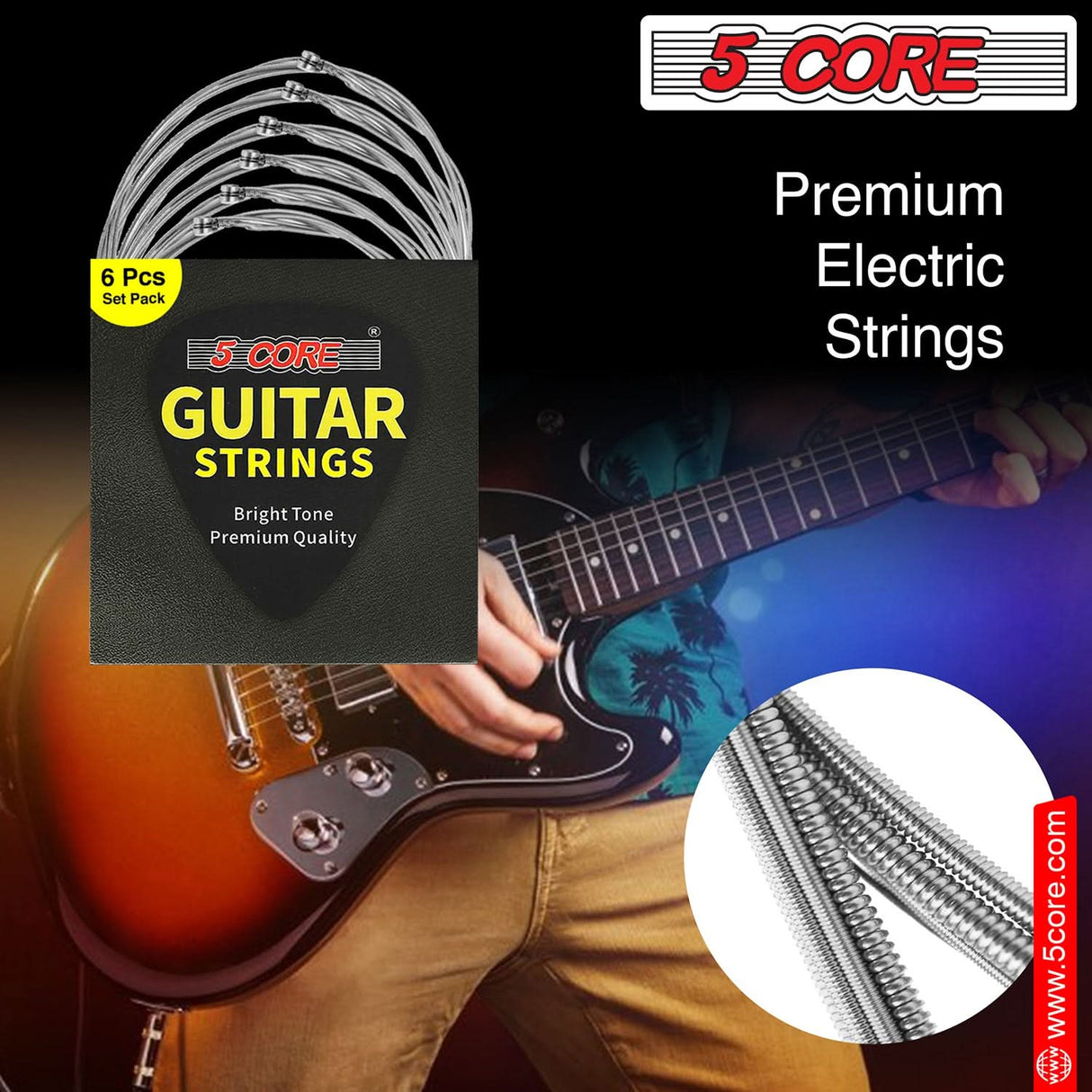 5Core Electric Guitar Strings Nickel 0.009-.042 Gauge w Bright Tone for 6 String Guitars