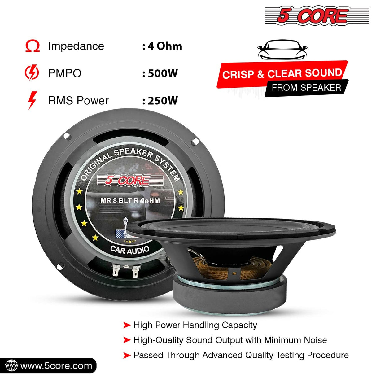 5Core 8 Inch Midrange Door Speaker 500W PMPO Subwoofer w Aluminum Bullet 8Ω Sub Woofer