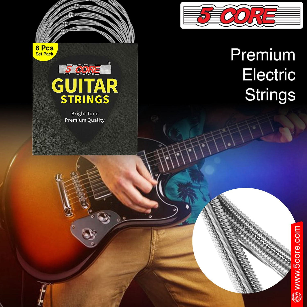 5Core Electric Guitar Strings Nickel 0.009-.042 Gauge w Bright Tone for 6 String Guitars