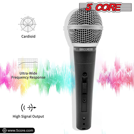 5 KERN Premium Vokale Dinamiese Kardioïde Handmikrofoon Neodymium Magneet Eenrigting-mikrofoon, 16 voet afneembare XLR Deluxe-kabel na ¼ oudio-aansluiting, mikrofoonklem, aan/af-skakelaar vir karaokesang ND-58 