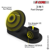 5 Core Wireless Charging Dock: 3-in-1 fast charger for phone, watch, and earpods.