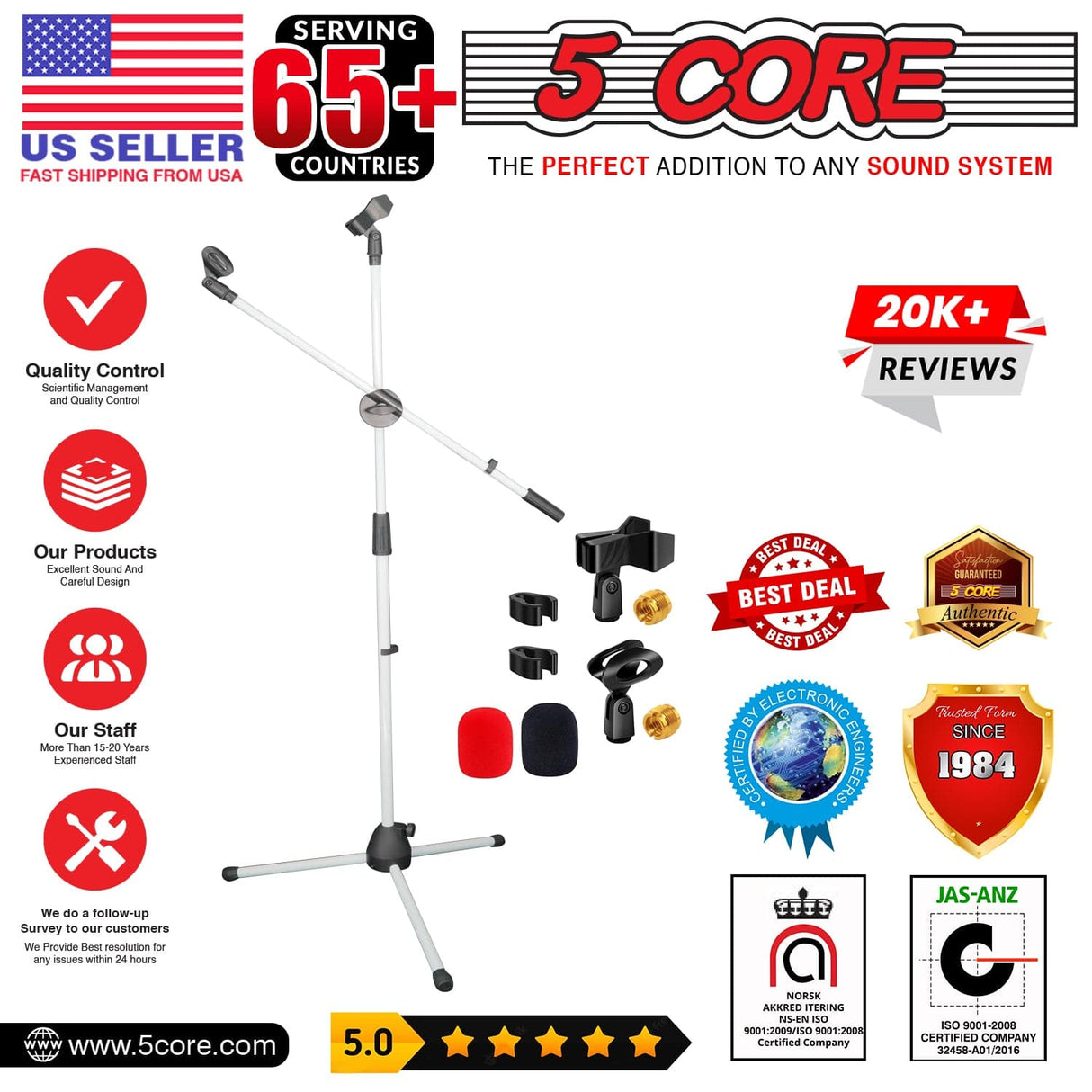 5Core Tripod Mic Stand Adjustable Heavy Duty Floor Holder Microphone Boom Arm RED