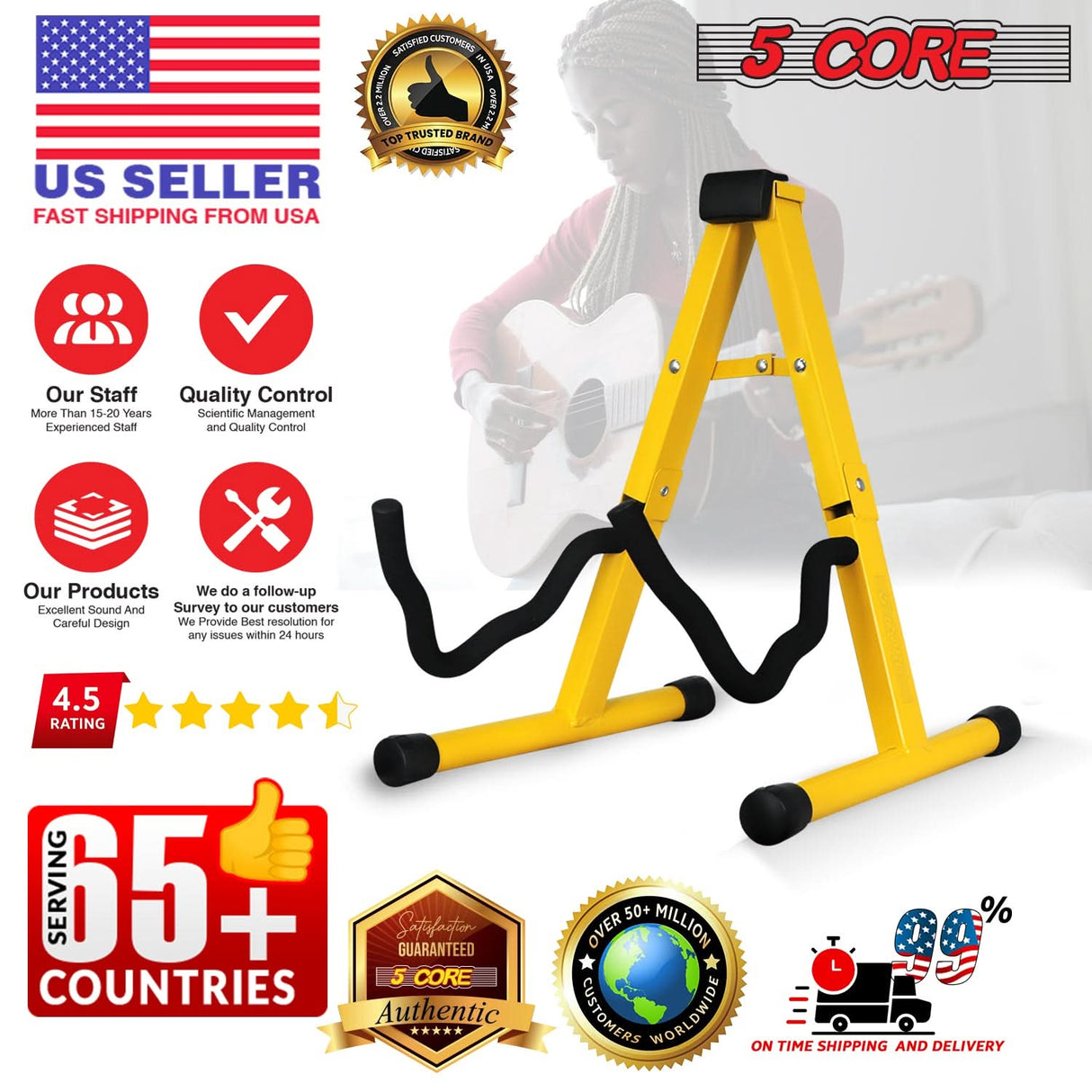 5Core Guitar Stand Floor A Frame Electric Acoustic Bass Soporte Para Guitarra YELLOW