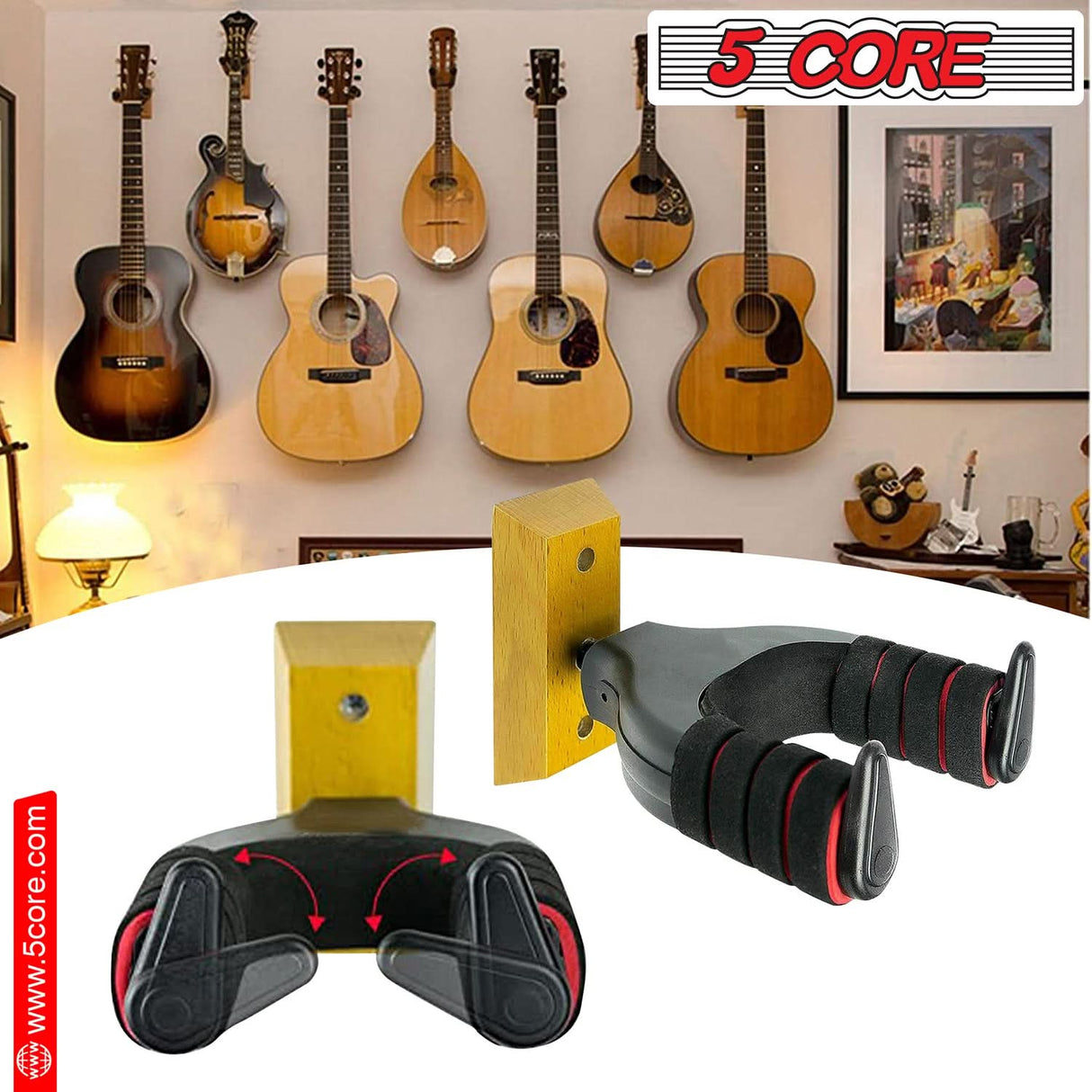 5 Core Guitar Display Wall Hook Holder - Adjustable Hardwood Base Soft Padded Hangers