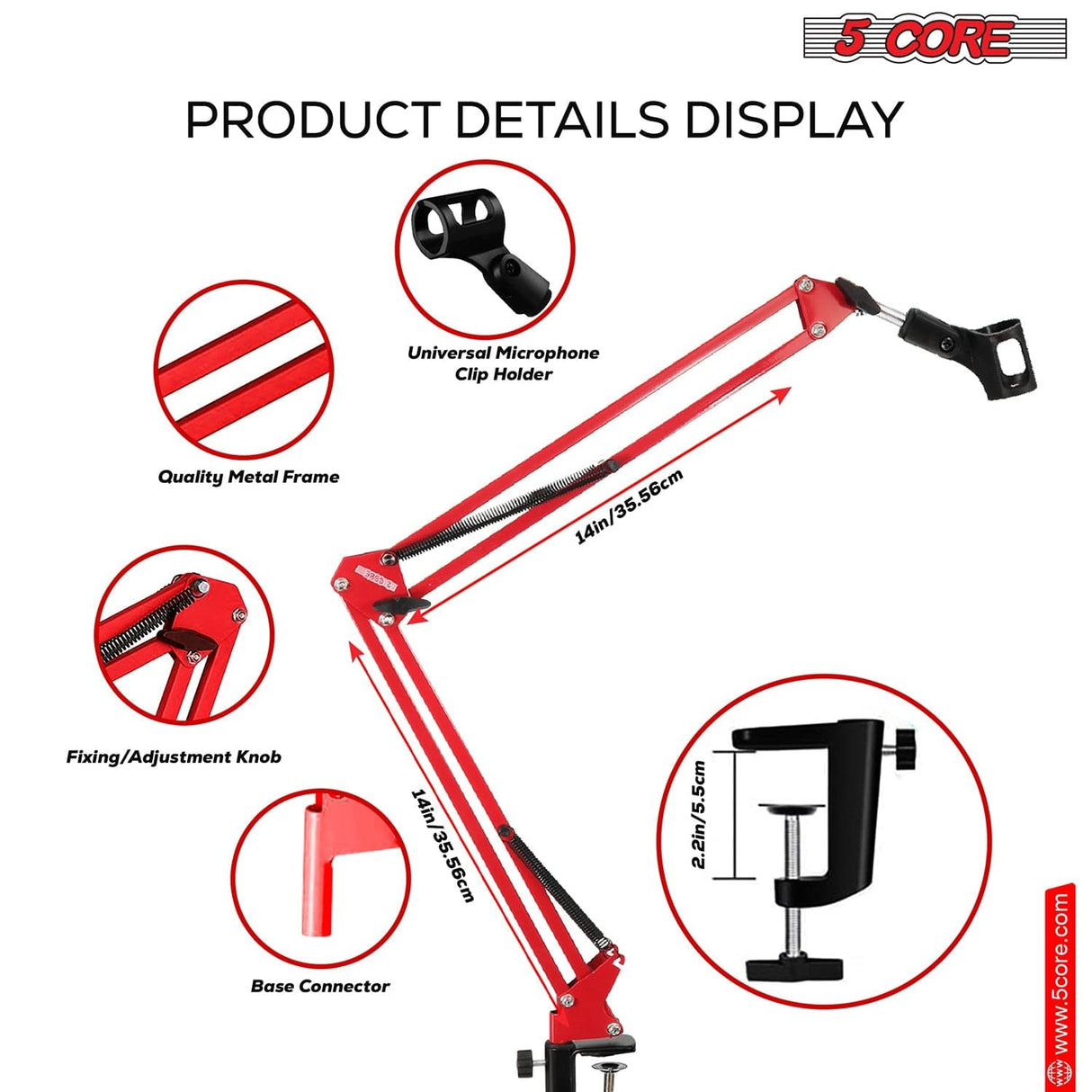 5Core Microphone Boom Arm Desk Mic Stand Adjustable Clamp Suspension Boom Stands RED