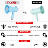 5 Core Megaphone Bullhorn Speaker 15W Mini Battery Power Bull horn w Siren 400 Yard Range SKY BLUE