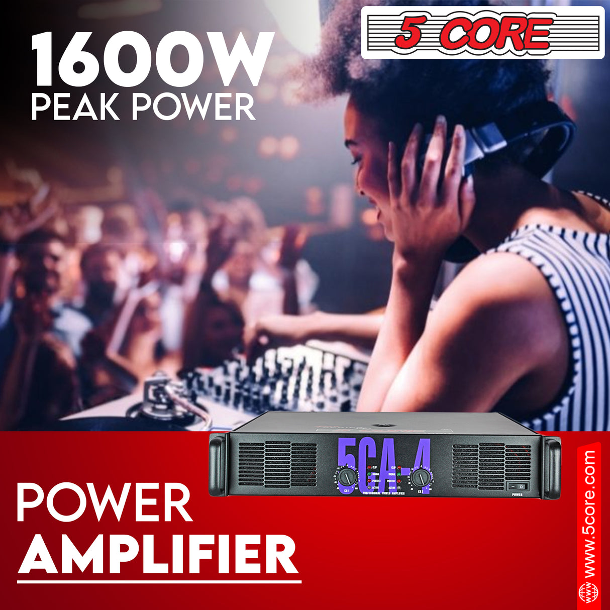 5 Core Power Amplifier – 1600W Peak Output Amplifier for Experts and DJ, Professional 2U Chassis High Powered AMP with XLR Input, Master Volume Controller- CA 4