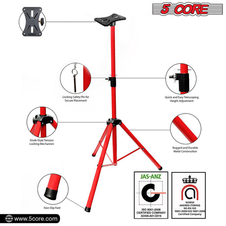 5 Core PA Speaker Stands Adjustable Height Professional Heavy Duty DJ Tripod with Mounting Bracket, Tie and Carrying Bag, Extend from 40 to 72 inches, Red - Supports 132 lbs SS HD 1PK RED