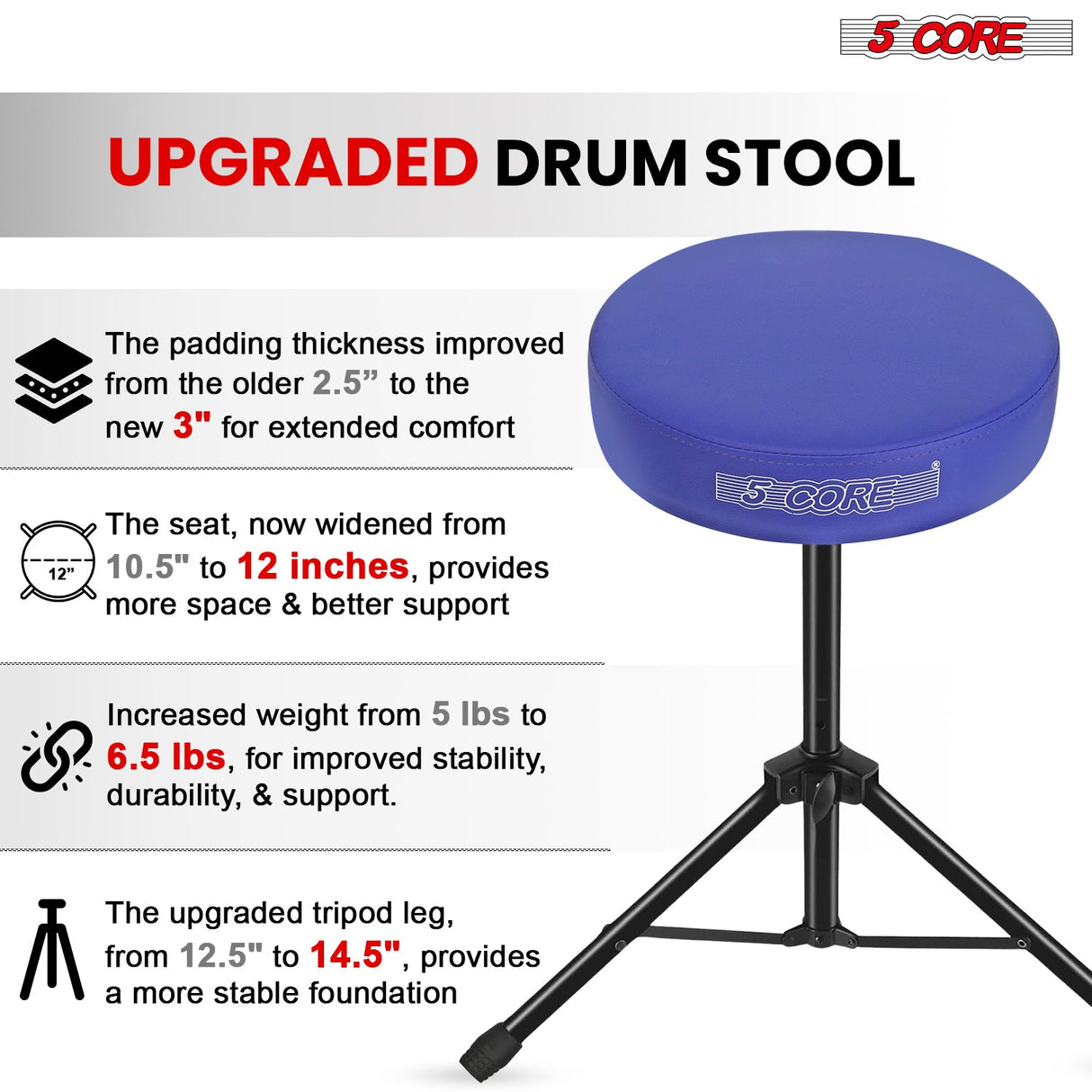 5Core Drum Throne Adjustable Guitar Stool Padded Drummer Seat for Adults & Kids BLUE