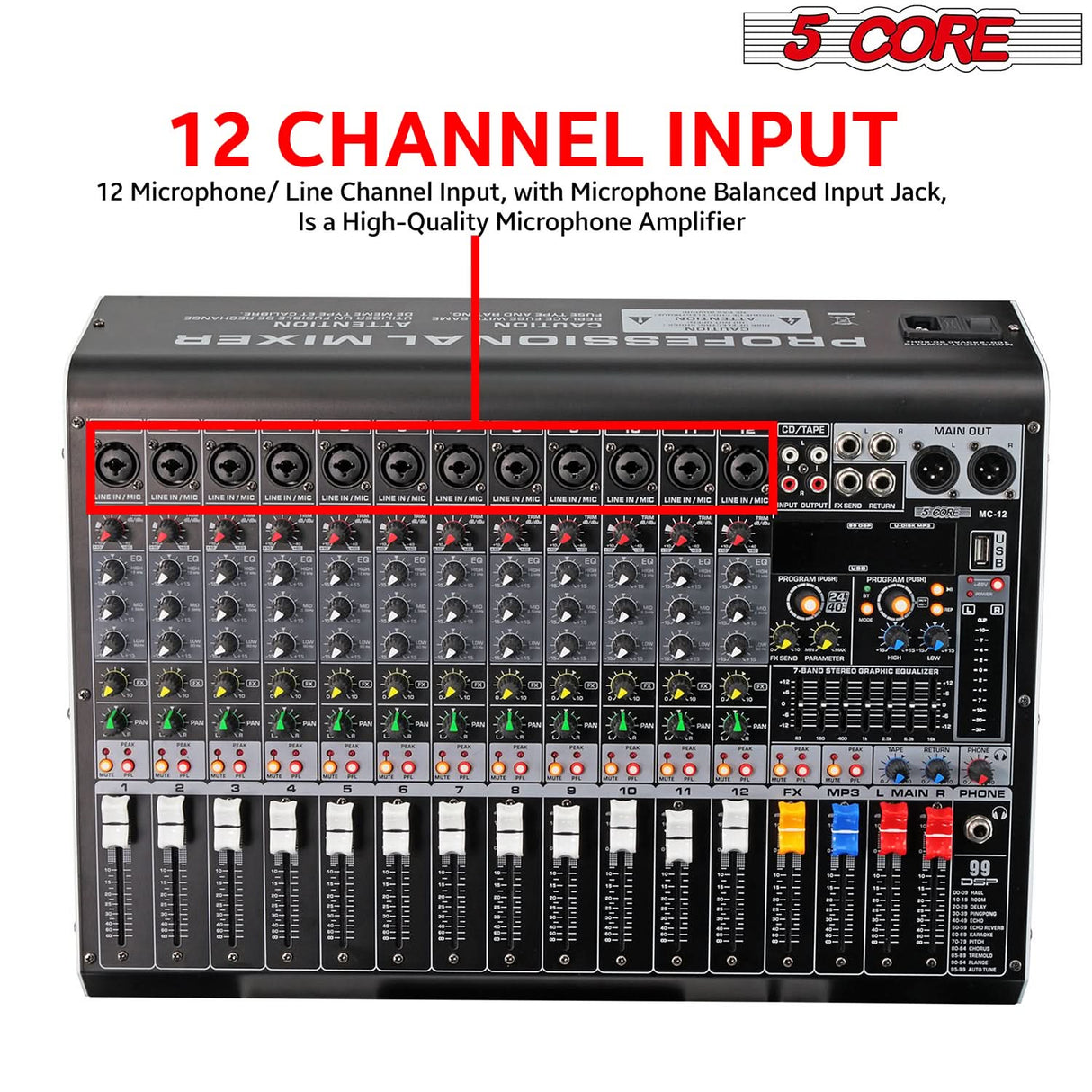 This audio mixer features 12 channel audio inputs, allows for versatile and detailed sound management in any recording or live sound setup