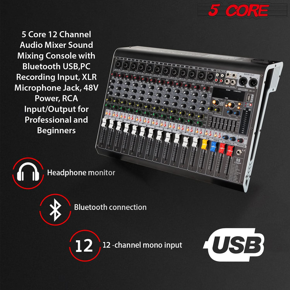 The studio mixer features 12 mono inputs , provides versatile connectivity options for both live and studio settings