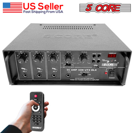 5 Core Amplifier – Dual Channel 300W Peak Output Amplifier for Experts and DJ, Professional Metal Chassis | Best Amp for Events & Concerts w/RCA, USB, MIC input- AMP 30W-UTX-DLX