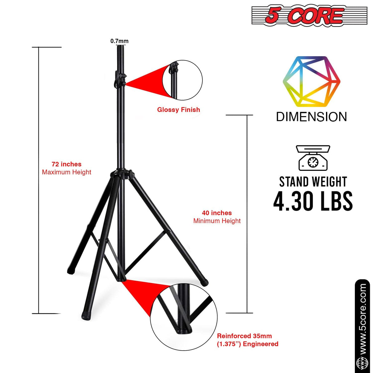 5Core Speaker Stand Tripod Tall Adjustable 72 Inch DJ Studio Monitor Stands Pole Mount BLACK