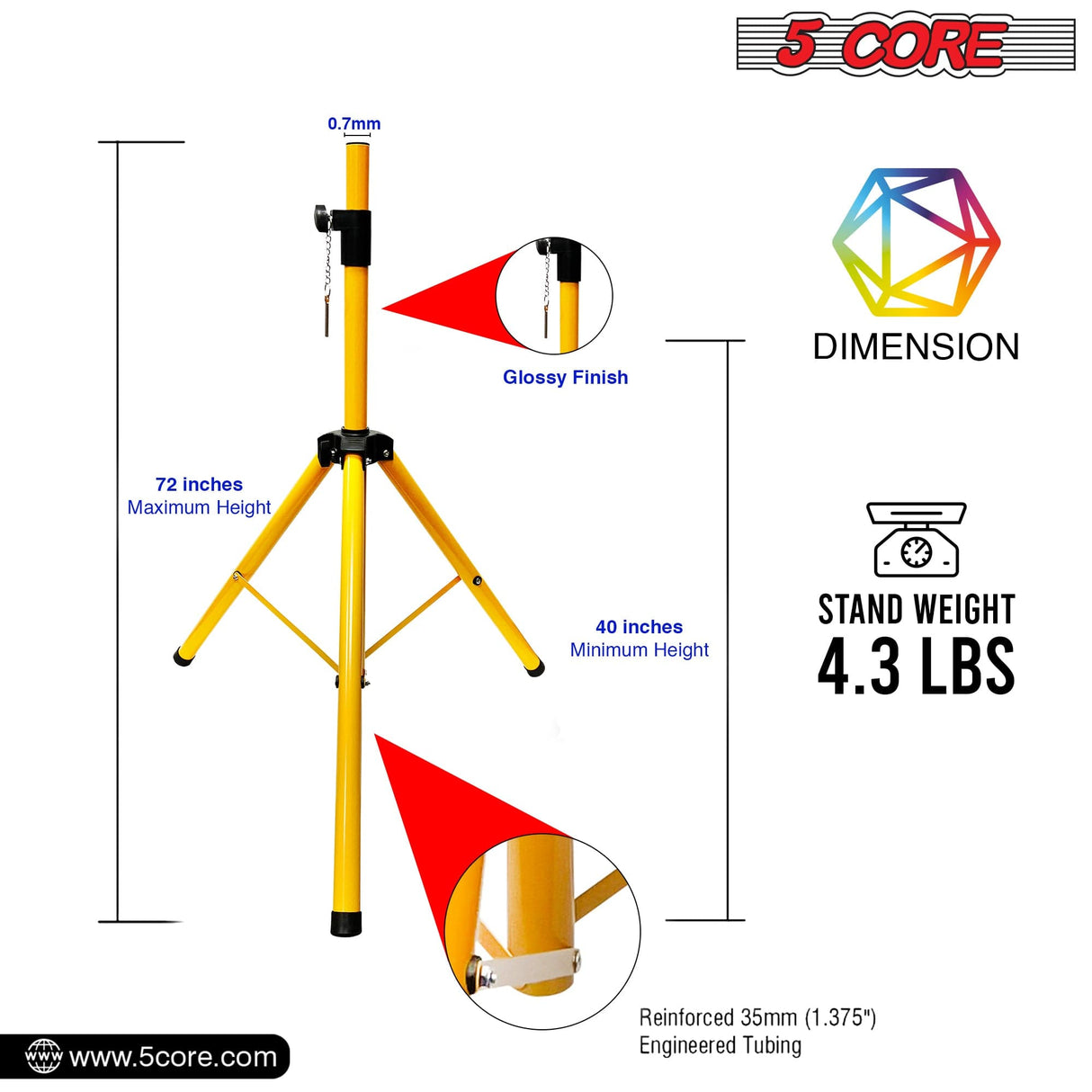 5Core Speaker Stand Tripod Tall Adjustable 72 Inch DJ Studio Monitor Stands Pole Mount Yellow