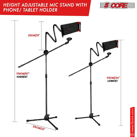 5 Core Tripod Mic Stand w Phone Holder Height Adjustable Microphone Mount Stands