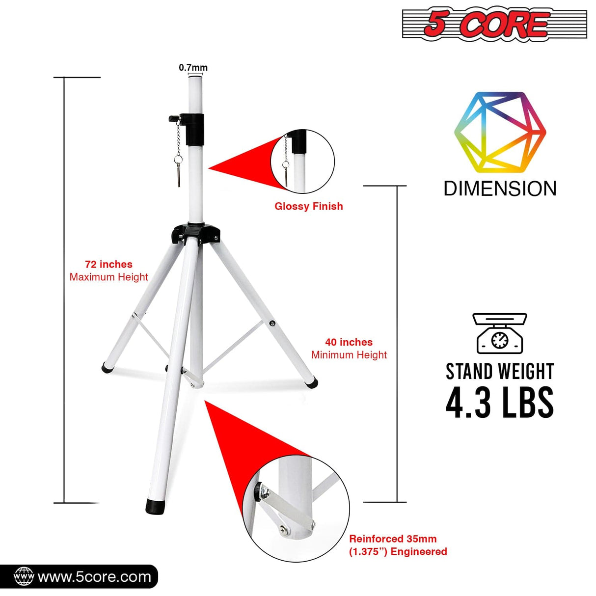 5Core Speaker Stand Tripod Tall Adjustable 72 Inch DJ Studio Monitor Stands Pole Mount BLACK