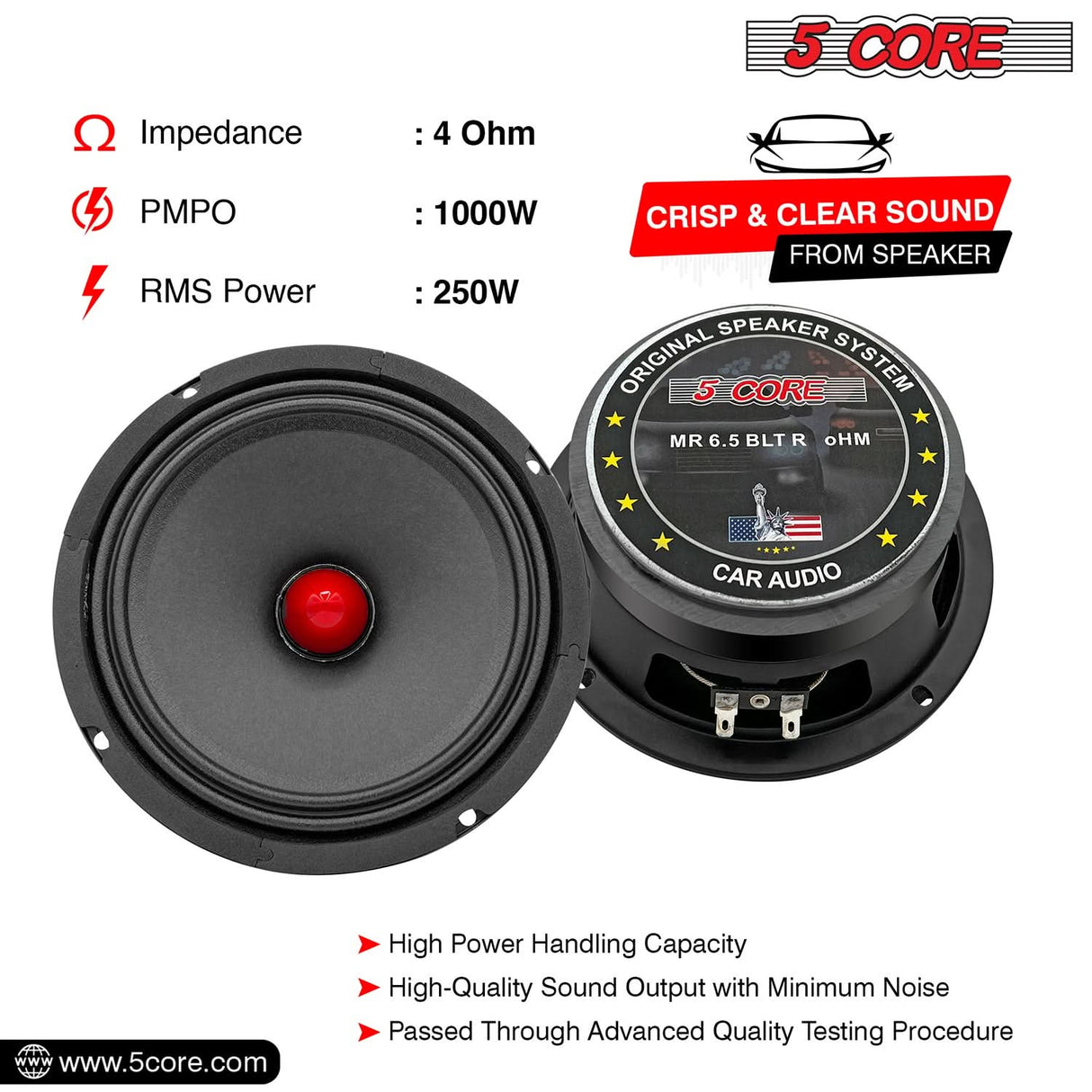 5Core 8 Inch Midrange Door Speaker 500W PMPO Subwoofer w Aluminum Bullet 4Ω Sub Woofer