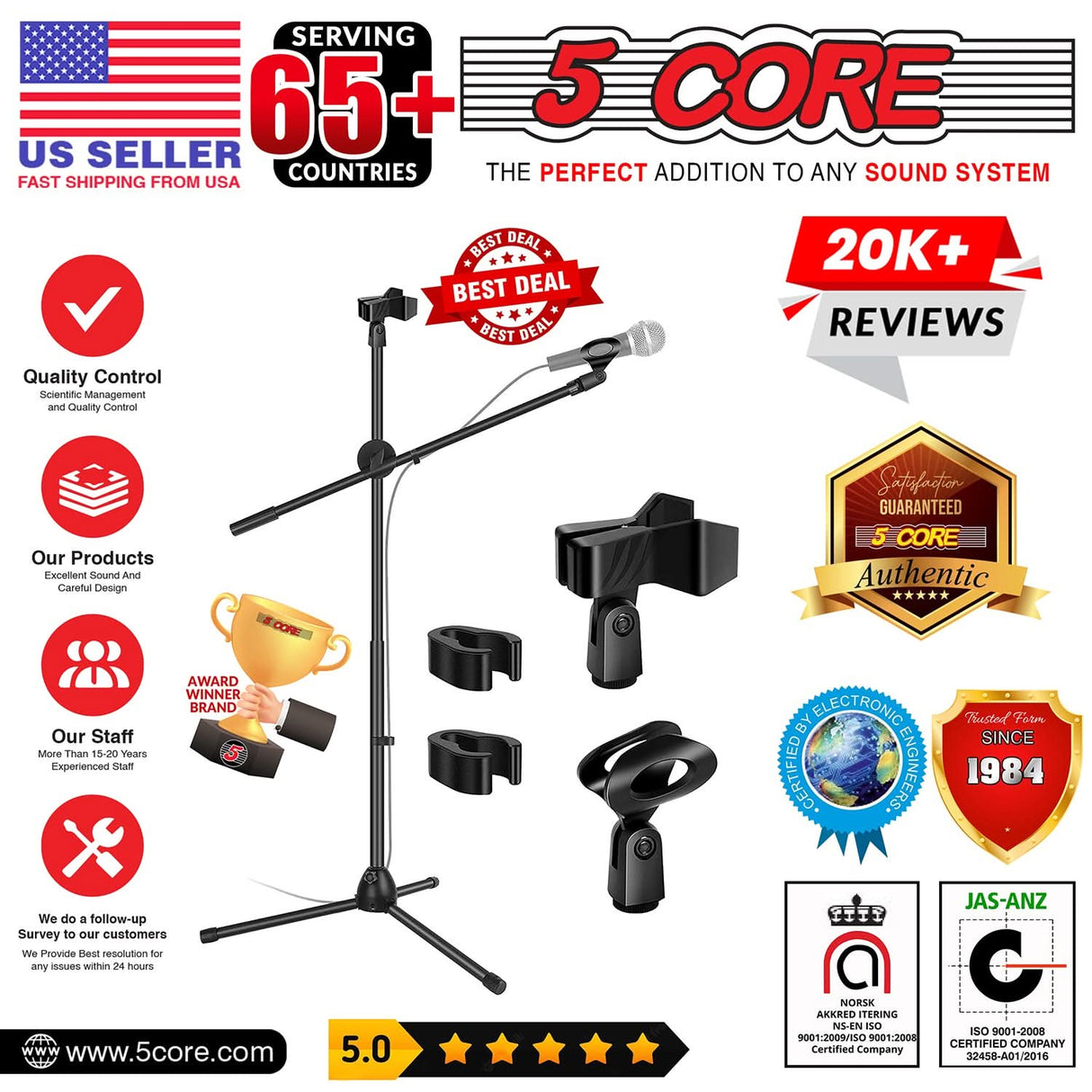 5Core Handheld Dynamic Microphone 2Pcs + Tall Tripod Mic Stand Floor + XLR Cable