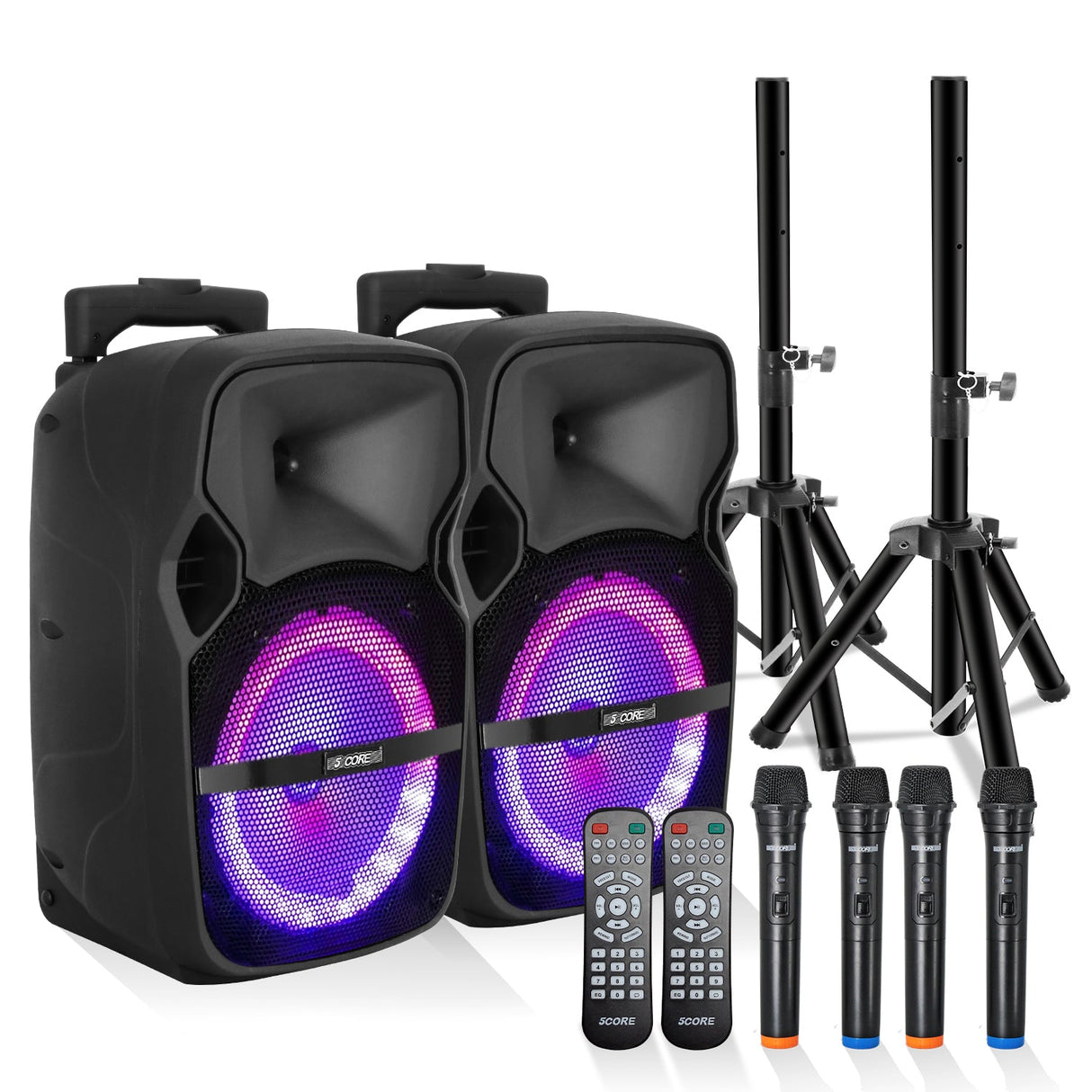 5 CORE TWS Pair Bluetooth Party Speakers Portable Karaoke PA System Rechargeable Loud Speaker + 2X Tripod Stand 4X Wireless Mics LED Light Active Home 8 2-MIC 2PCS