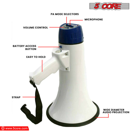 5 Core Megaphone Portable 20W Bullhorn w Siren Adjustable Volume Bull Horn Loud Speaker 300m Range