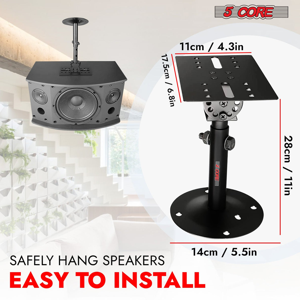 5Core Adjustable Speaker Wall Mount Rotatable Angle Universal Large Bookshelf Mounting Bracket