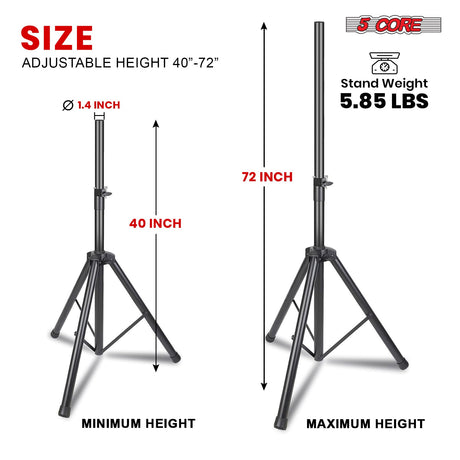 5 Core Speaker Stand Tripod Heavy Duty Adjustable Up to 72 Inch DJ Studio Monitor Stands Pole Mount Black