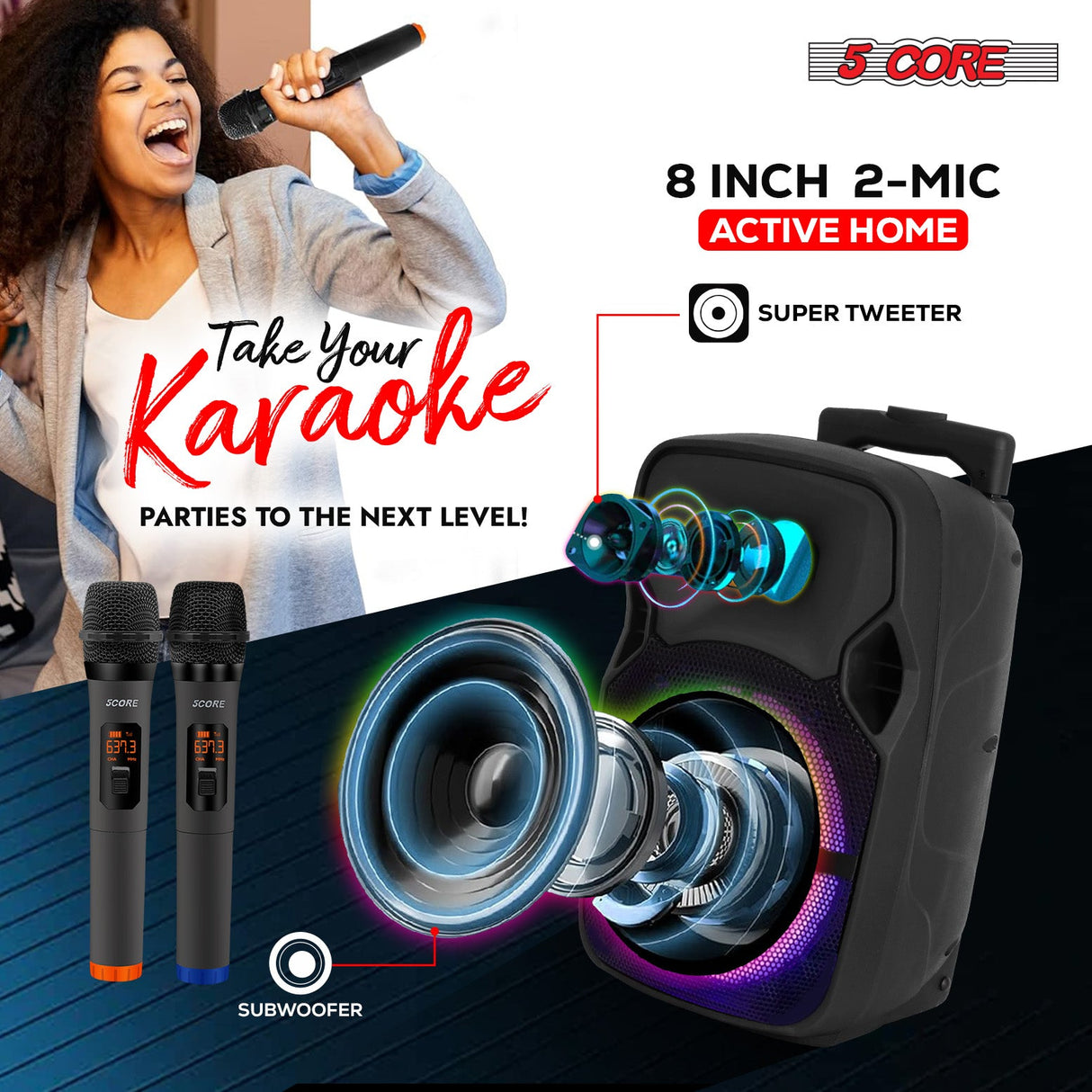 5Core 8 inch PA Portable Bluetooth Party Speaker Karaoke Boombox + 2 Wireless Mics