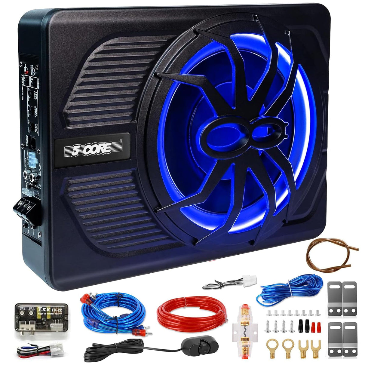 5CORE 10 inch Slim Under Seat Car Audio Subwoofer 800W Peak 150W RMS Active Powered Under-Seat Built in Amplifier Truck Sub Woofer in Enclosure Box Blue Ambient LED Light + Wiring Kit & Remote Control