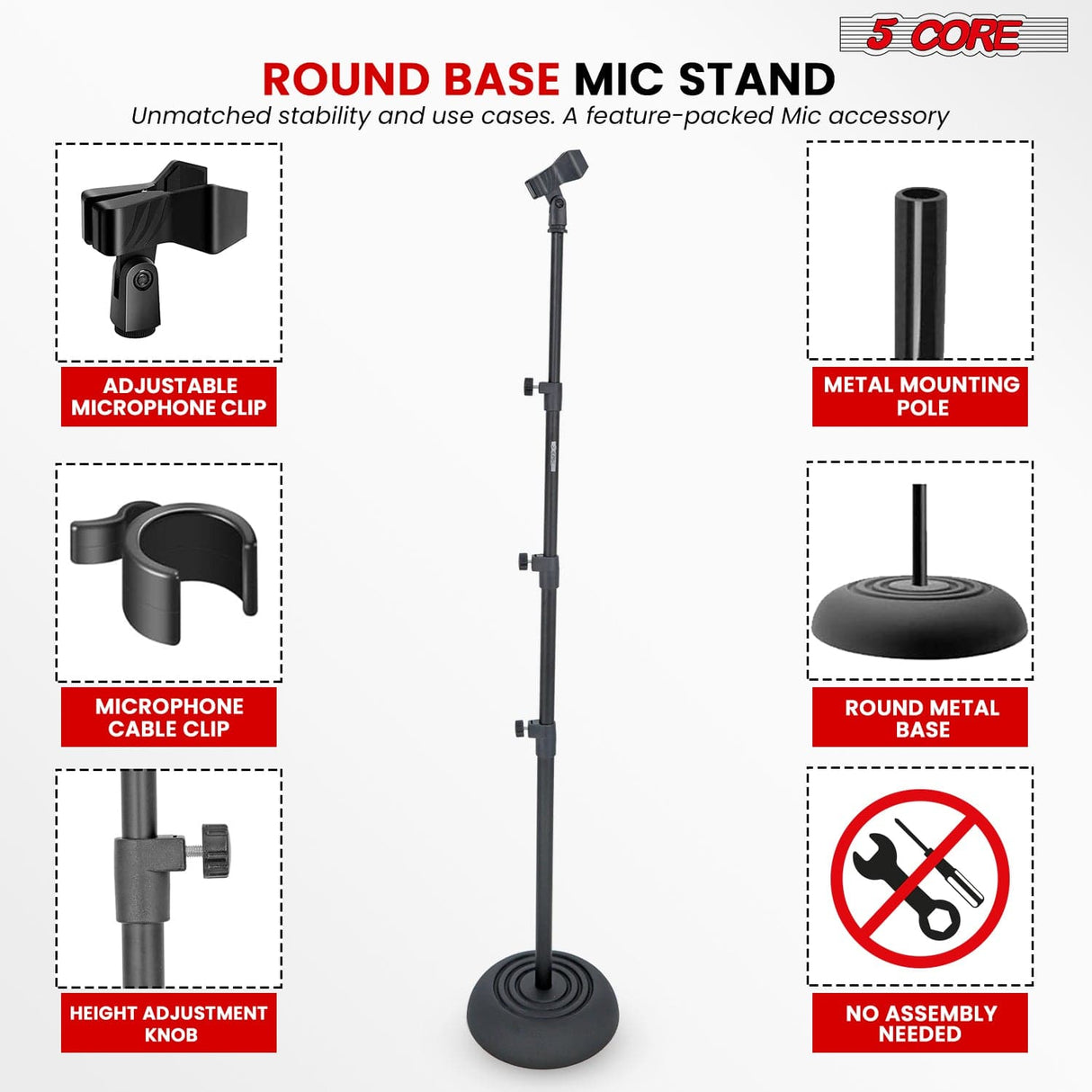 5Core Mic Stand Floor Adjustable Universal Heavy Duty Microphone Stands Round Base Soporte De micrófono