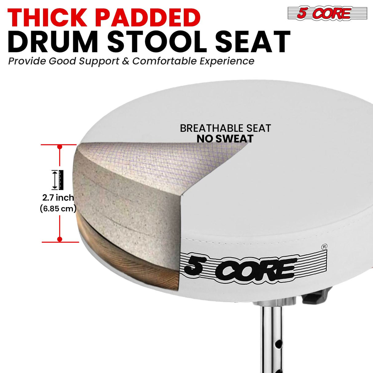 Thick padded drum stool for superior comfort and support during extended playing sessions