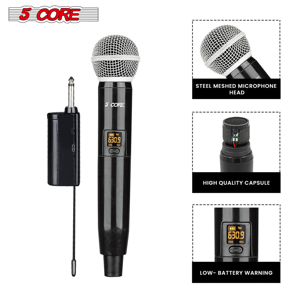 5 Core Pro Wireless Handheld Microphone Transmitter with Vocal Microphone Capsule for use with Wireless Systems Rechargeable Digital WM 1001