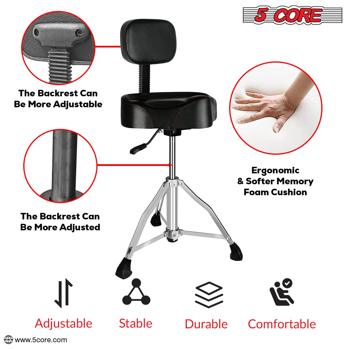Adjustable, comfortable, stable, durable throne chair designed for drummers, offering superior support and flexibility.