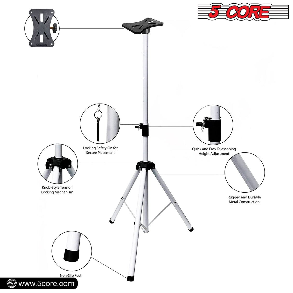 5Core Speaker Stand Tripod Tall Adjustable 72 Inch DJ Studio Monitor Stands Pole Mount BLACK