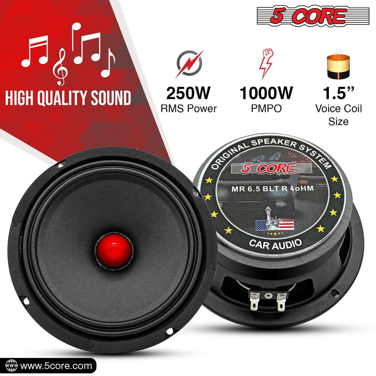 5Core 8 Inch Midrange Door Speaker 500W PMPO Subwoofer w Aluminum Bullet 4Ω Sub Woofer